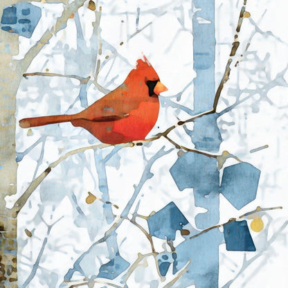 Close-up watercolor-style illustration of a bright red cardinal perched on thin winter branches. Soft blue abstract leaves and pale birch trunks create a cool, snowy backdrop, with delicate washes of color and fine linework emphasizing the bird’s vivid plumage against the muted winter scene.