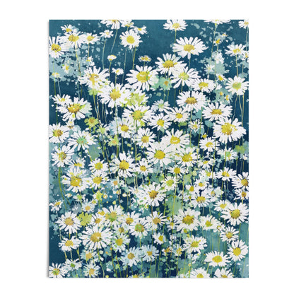 Watercolor-style art print depicting a lush field of white daisies with yellow centers on a rich teal-blue background. The composition is densely layered with tall stems and soft green foliage, creating a fresh, airy, and painterly effect.