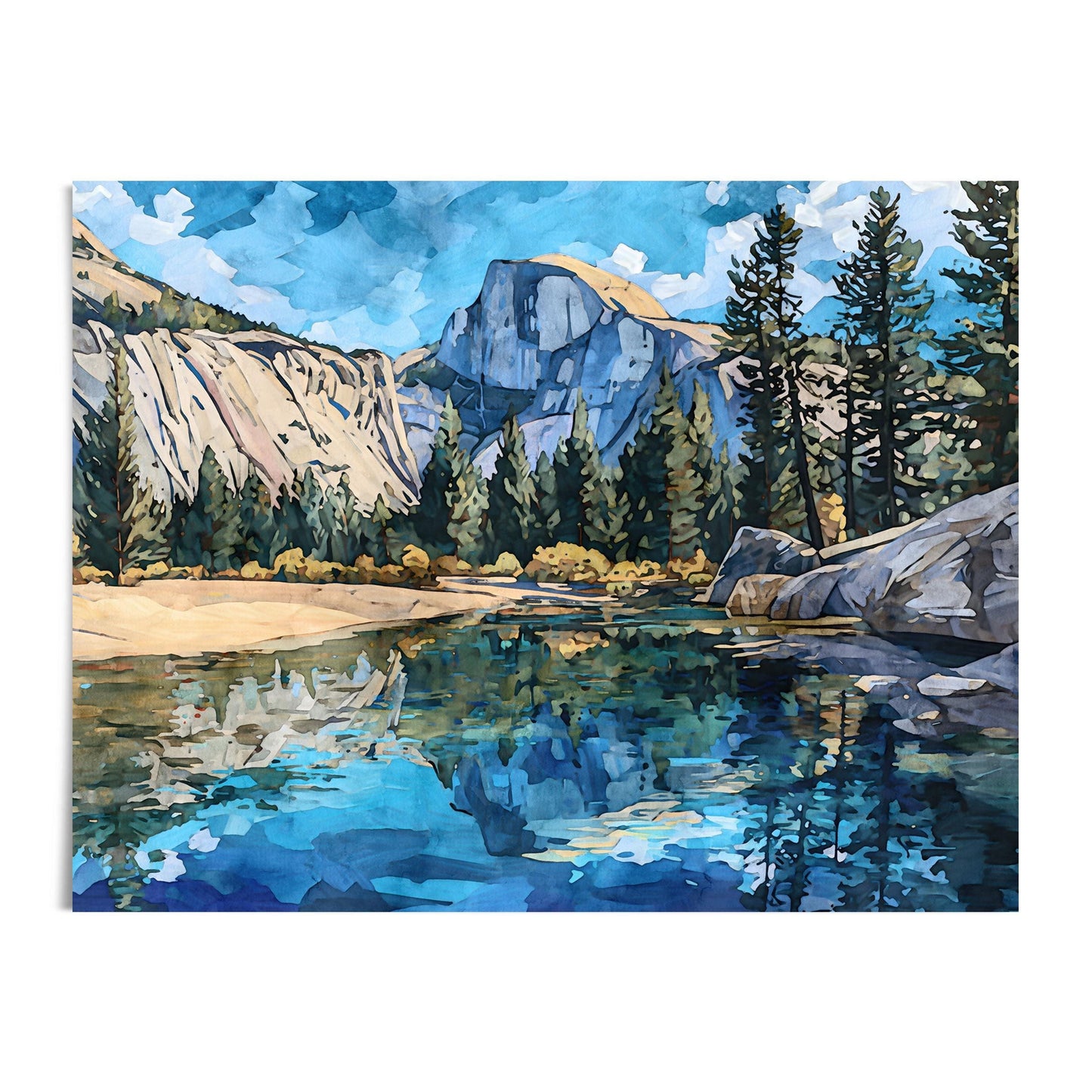 Watercolor-style painting of Yosemite’s Half Dome, with pine trees and rocky cliffs reflected in a calm blue river. The scene features golden sandy banks, lush evergreens, and a vivid sky of bright blue with scattered clouds, creating a striking modern impressionist landscape.