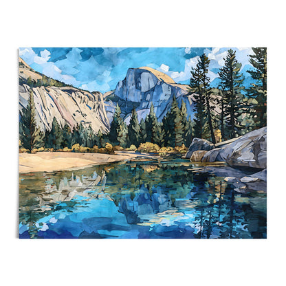 Watercolor-style painting of Yosemite’s Half Dome, with pine trees and rocky cliffs reflected in a calm blue river. The scene features golden sandy banks, lush evergreens, and a vivid sky of bright blue with scattered clouds, creating a striking modern impressionist landscape.