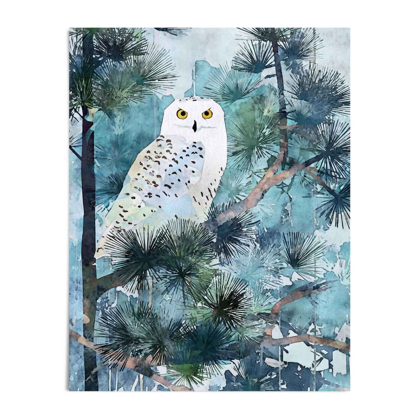 Watercolor-style art print of a snowy owl perched on pine branches, featuring cool blue and teal tones with soft brushwork. The owl’s white feathers and striking yellow eyes contrast beautifully against the textured background of layered pine needles and tree limbs.