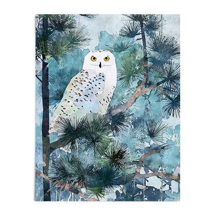 Watercolor-style art print of a snowy owl perched on pine branches, featuring cool blue and teal tones with soft brushwork. The owl’s white feathers and striking yellow eyes contrast beautifully against the textured background of layered pine needles and tree limbs.