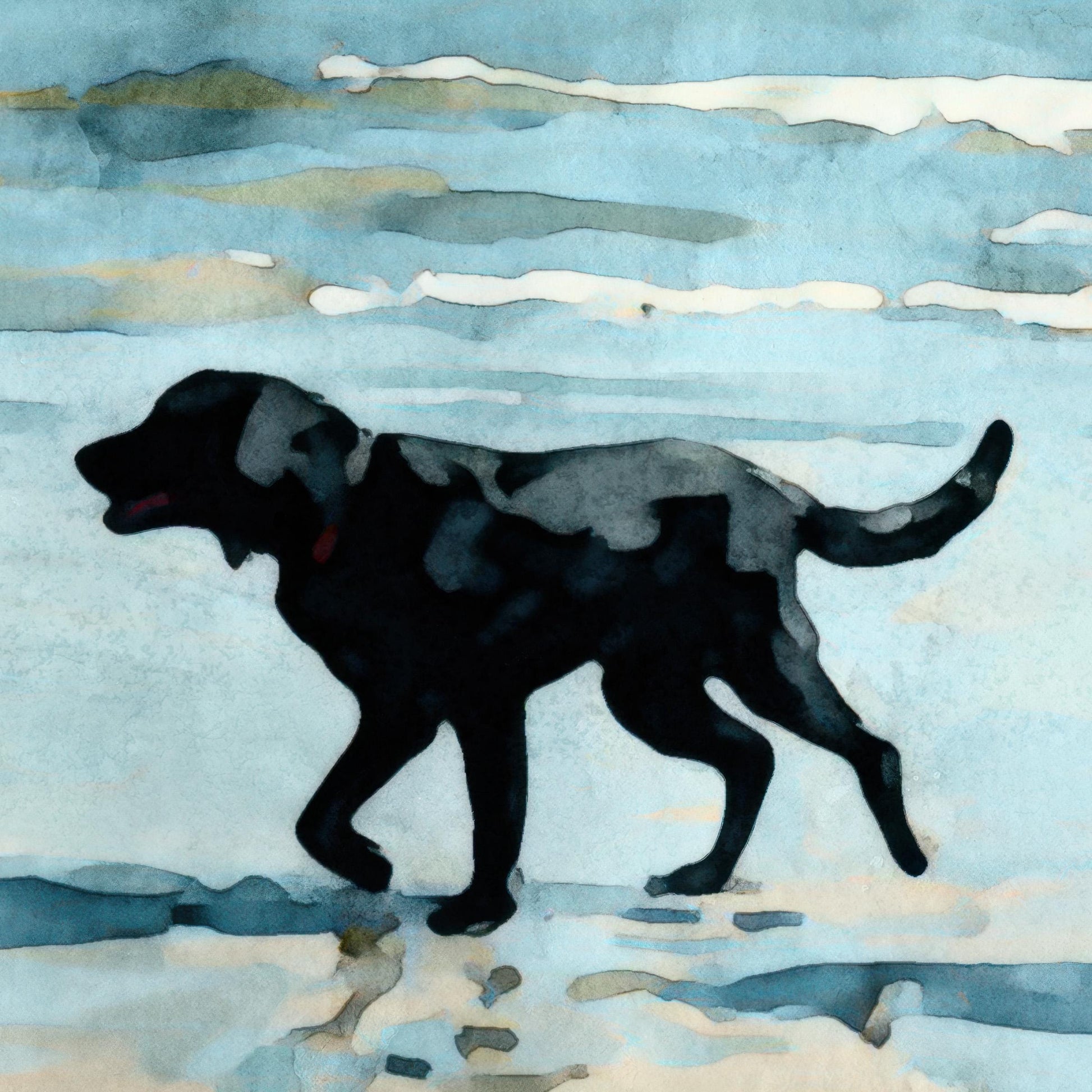 Watercolor-style close-up of a black Labrador dog walking along a sandy beach, with gentle ocean waves and soft blue sky in the background.