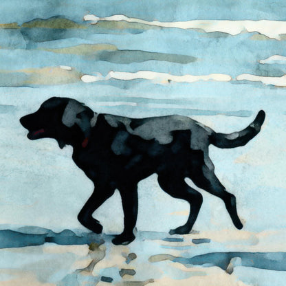 Watercolor-style close-up of a black Labrador dog walking along a sandy beach, with gentle ocean waves and soft blue sky in the background.