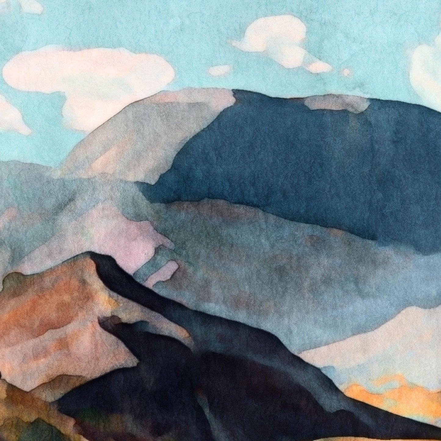 Close-up of a watercolor-style desert landscape painting, showing layered mountain ridges in deep blue, purple, and warm brown tones beneath a pale blue sky with scattered soft white clouds.