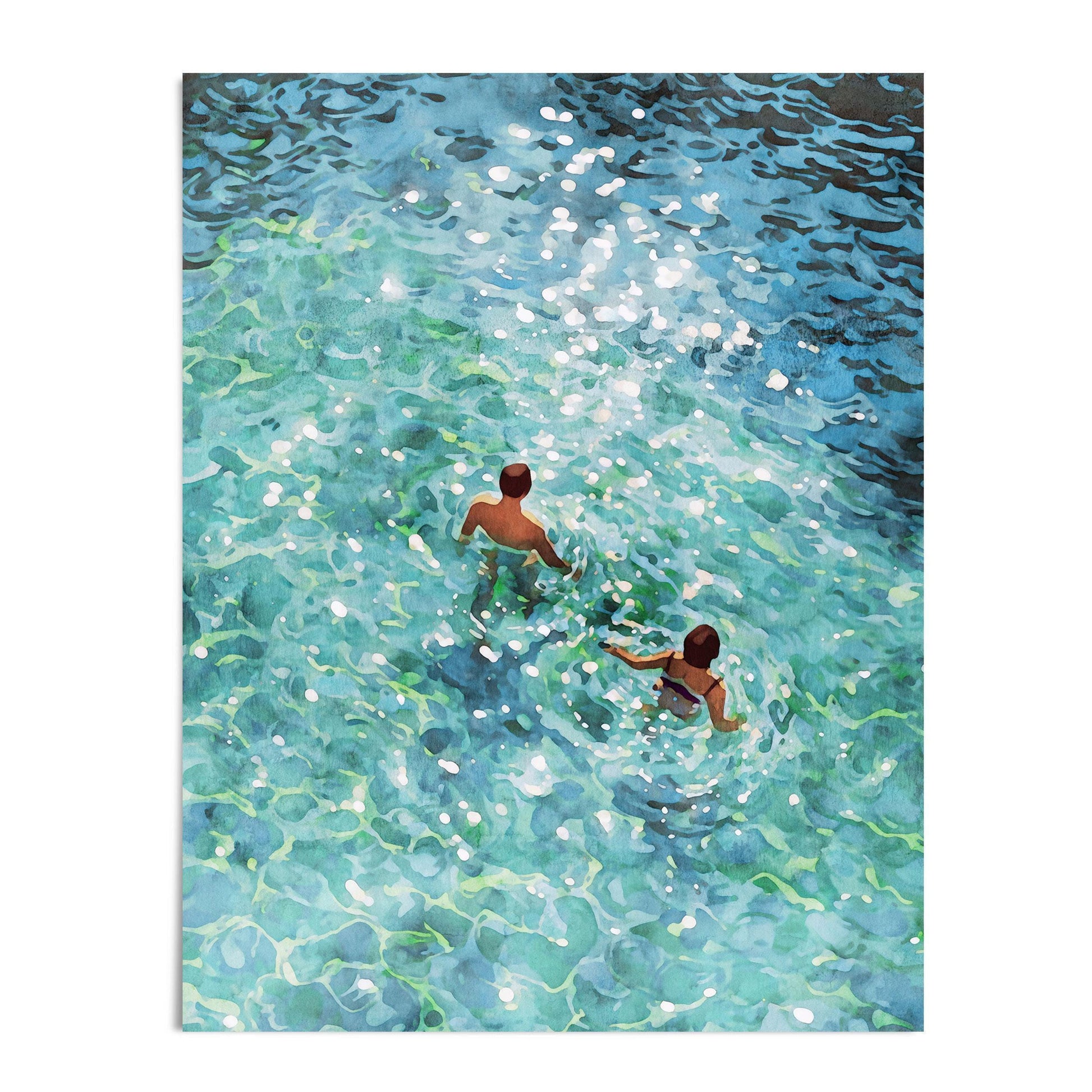 Watercolor painting of two swimmers viewed from above, wading through clear turquoise water with sunlight glistening on the rippling surface.