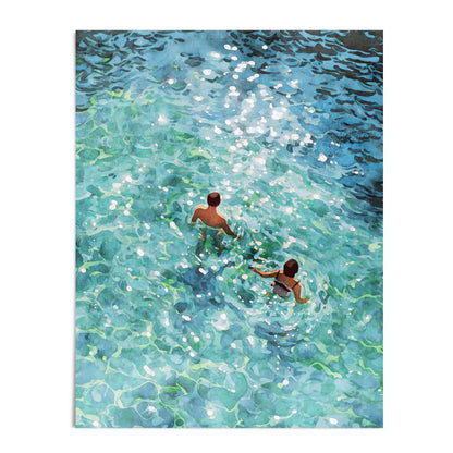 Watercolor painting of two swimmers viewed from above, wading through clear turquoise water with sunlight glistening on the rippling surface.
