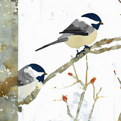 Close-up watercolor-style illustration of two chickadees perched on thin winter branches. The birds have soft gray, cream, and deep blue markings, painted with loose, fluid brushstrokes. Sparse orange berries dot the twigs, set against a bright white snowy background.