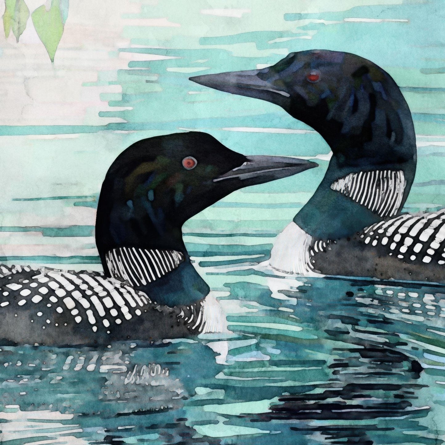 Close-up watercolor painting of two common loons swimming together in rippling blue-green water. Their black heads, red eyes, and white-striped necks are highlighted in detail, with speckled plumage and soft reflections creating a serene lake scene.
