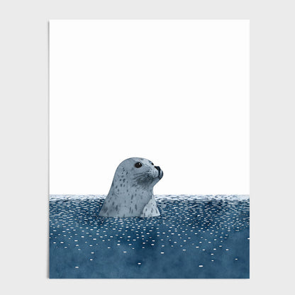 Minimalist watercolor art print of a gray spotted seal emerging from deep blue water with scattered white ripples. The seal’s head and neck rise above the surface against a crisp white background, creating a calm and modern coastal design.