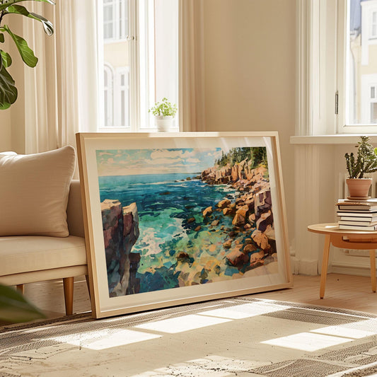Framed watercolor-style coastal artwork leaning against a wall in a sunlit living room. The painting shows rocky cliffs, turquoise water, and a bright blue sky with clouds. The frame rests on a patterned rug beside a beige sofa, small table with stacked books, and potted plants, creating a cozy modern interior.