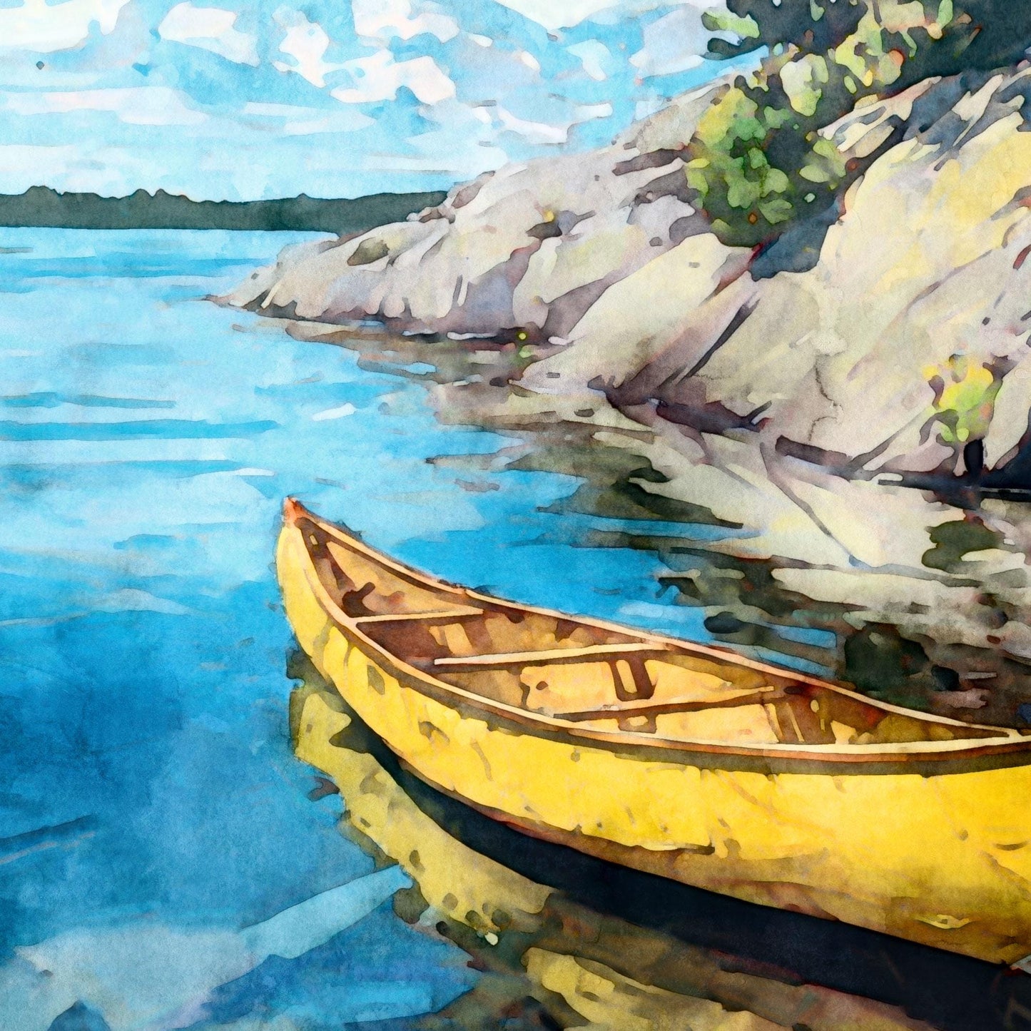 Watercolor-style close-up of a bright yellow canoe floating beside rocky shoreline on a clear blue lake. Sunlight reflects off the water and the canoe’s curved hull, with soft brushstrokes suggesting ripples, stone textures, and distant treeline beneath a bright sky.