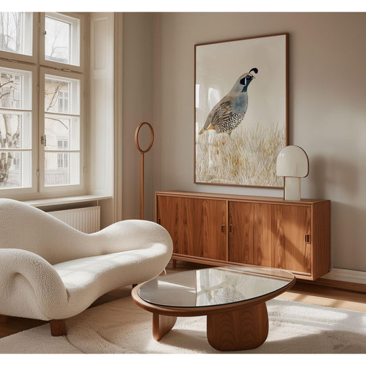 Large framed watercolor print of a California quail hangs above a mid-century modern wooden sideboard in a cozy living room. The space features a sculptural white boucle sofa, round glass-top coffee table, and soft neutral tones with warm wood accents.