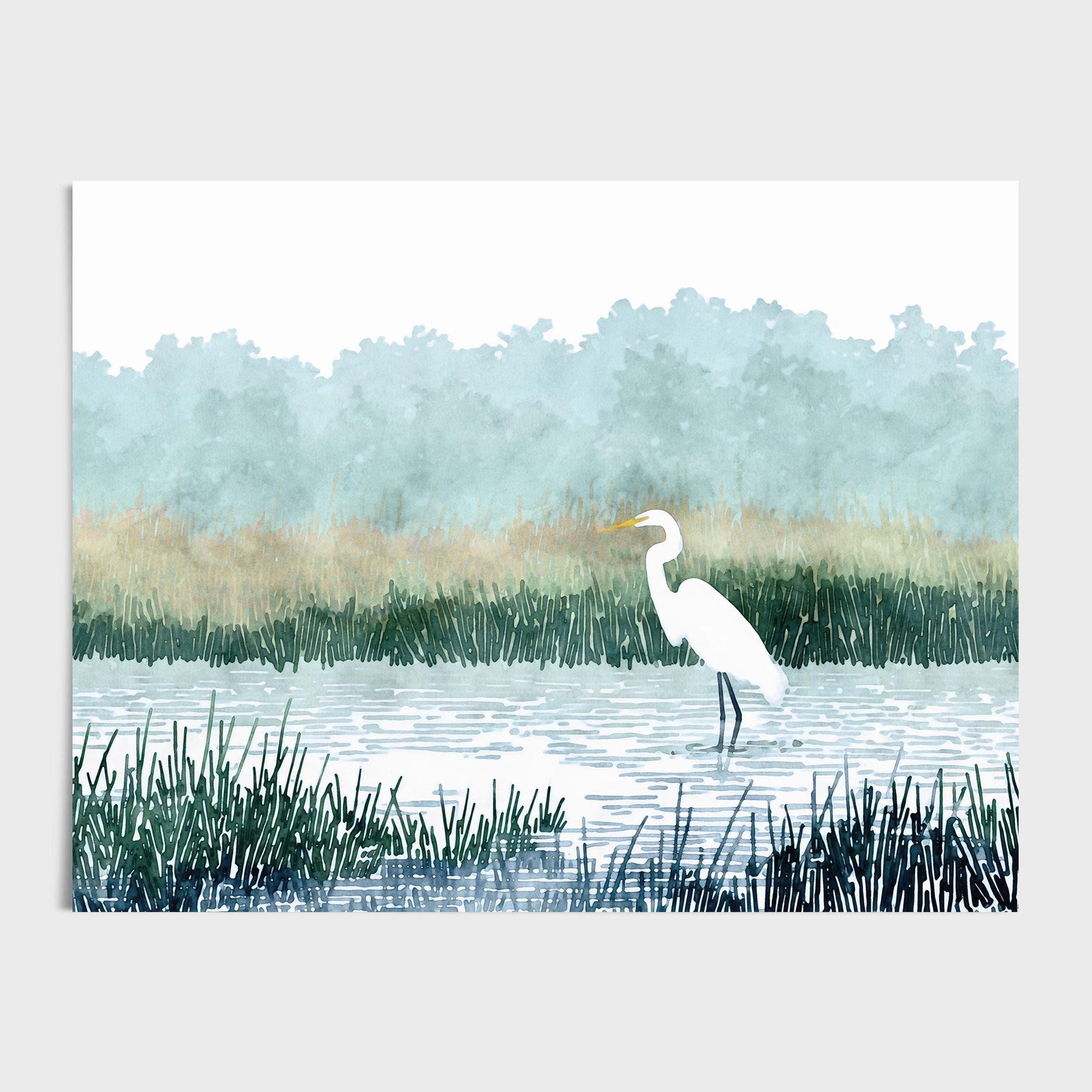 Minimalist watercolor-style art print of a white heron standing in a marsh, surrounded by tall grasses with misty green trees in the background, set against a clean white backdrop.