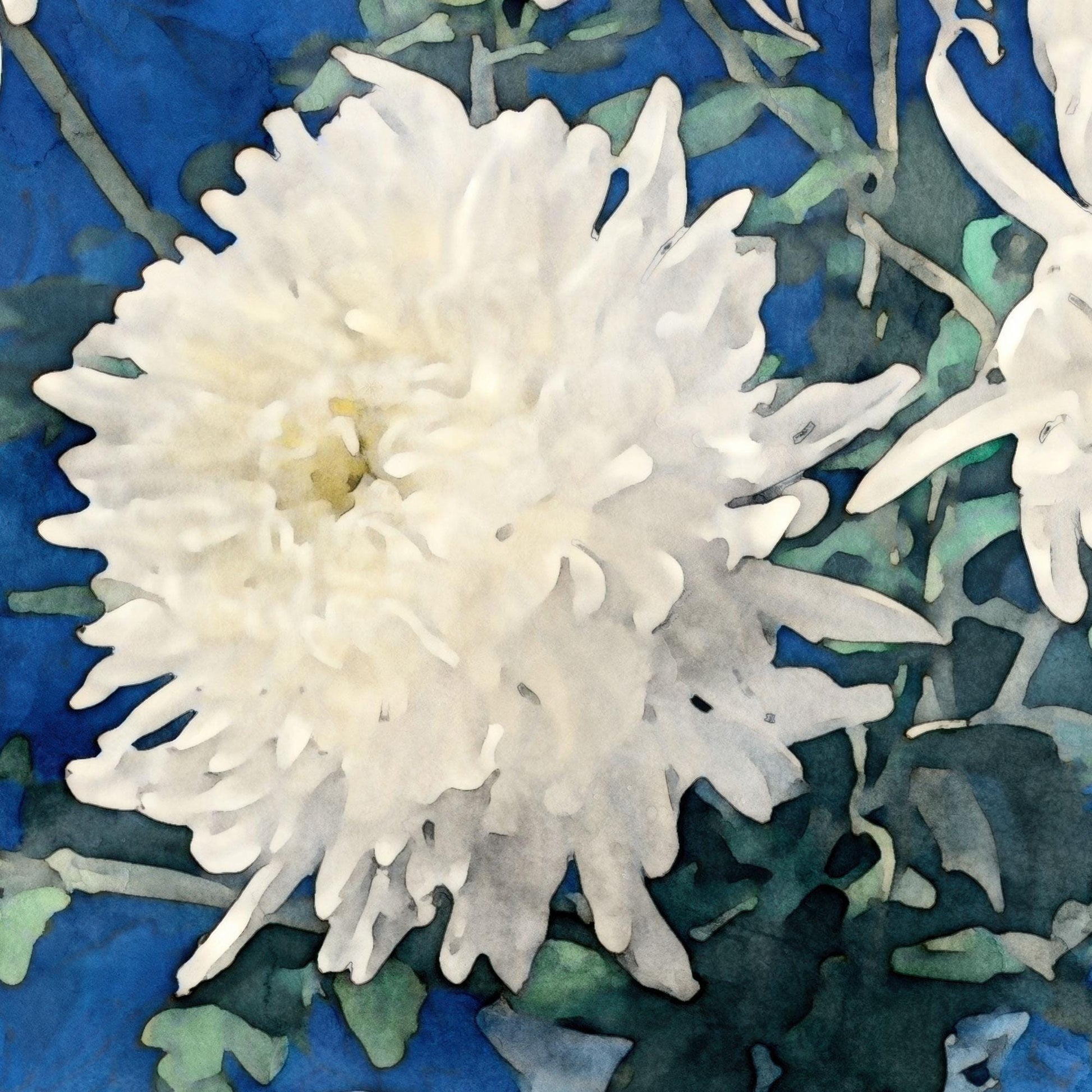 Close-up of a white chrysanthemum flower with layered petals, painted in a watercolor style. Green leaves and stems appear in the background, set against a rich blue backdrop.