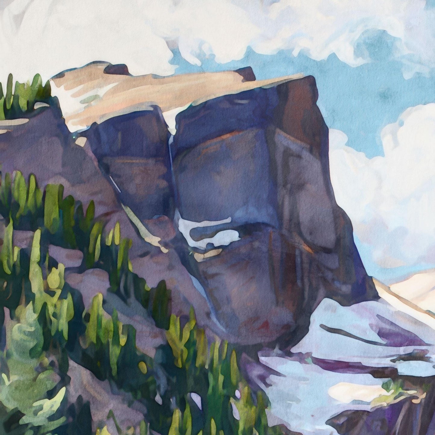 Close-up of a mountain landscape painting showing steep purple-gray rock cliffs, patches of snow, and green pine trees below. The sky is a soft blue with white clouds, painted in a loose modern impressionist style with layered watercolor-like brushstrokes that emphasize light and texture.