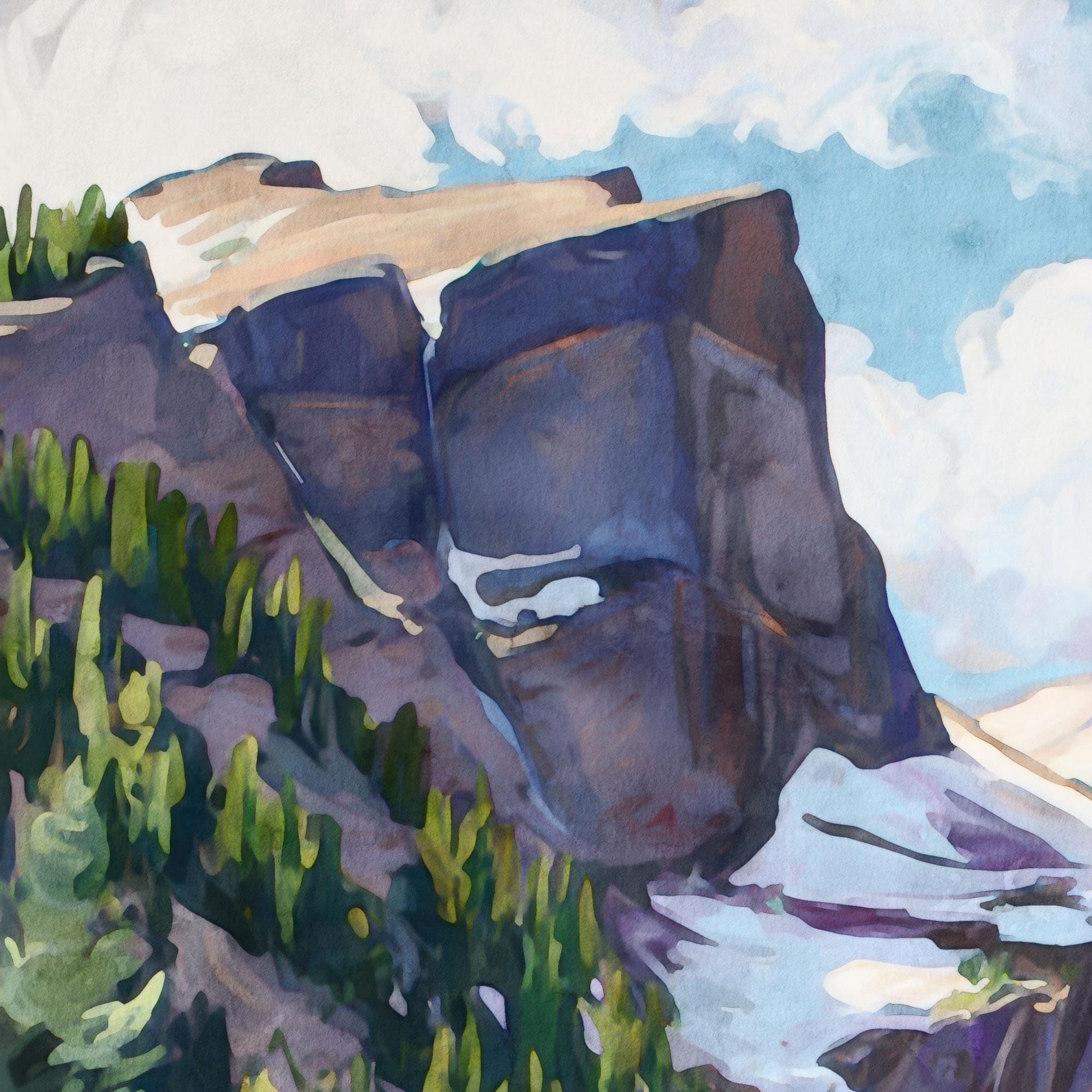 Close-up of a mountain landscape painting showing steep purple-gray rock cliffs, patches of snow, and green pine trees below. The sky is a soft blue with white clouds, painted in a loose modern impressionist style with layered watercolor-like brushstrokes that emphasize light and texture.