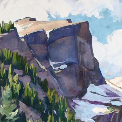 Close-up of a mountain landscape painting showing steep purple-gray rock cliffs, patches of snow, and green pine trees below. The sky is a soft blue with white clouds, painted in a loose modern impressionist style with layered watercolor-like brushstrokes that emphasize light and texture.