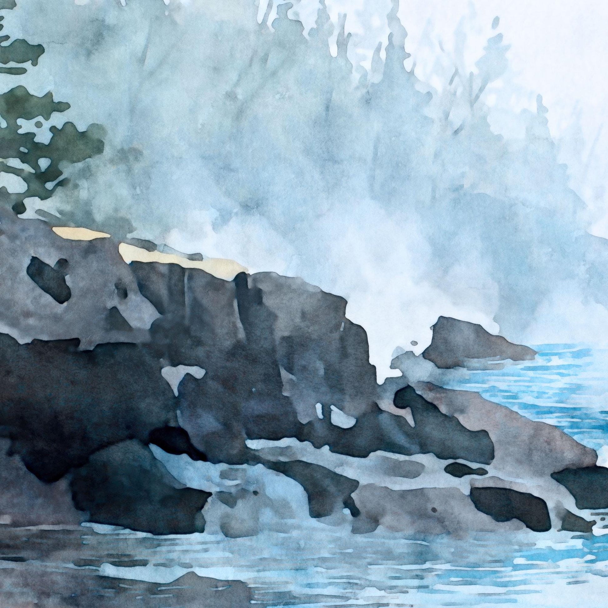Close-up detail of a watercolor-style Lake Superior shoreline, focusing on dark, layered rock formations meeting calm blue water. Soft washes of blue and gray suggest gentle ripples and reflections, while pale mist drifts upward into a hazy evergreen forest in the background, creating a quiet, atmospheric lakeside mood.
