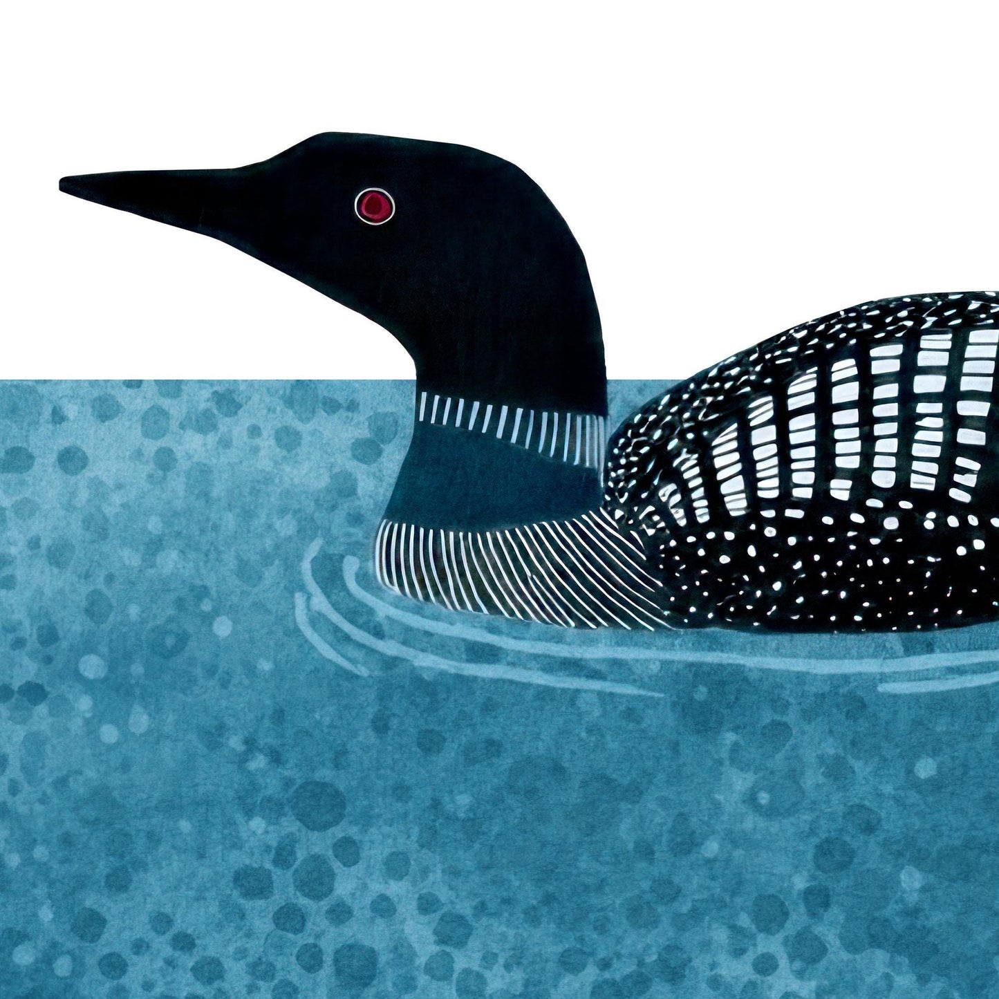 Close-up illustration of a loon swimming in blue textured water, showing its sleek black head, red eye, striped neck, and patterned black-and-white feathers. The water has a mottled texture with soft ripples, set against a crisp white background.