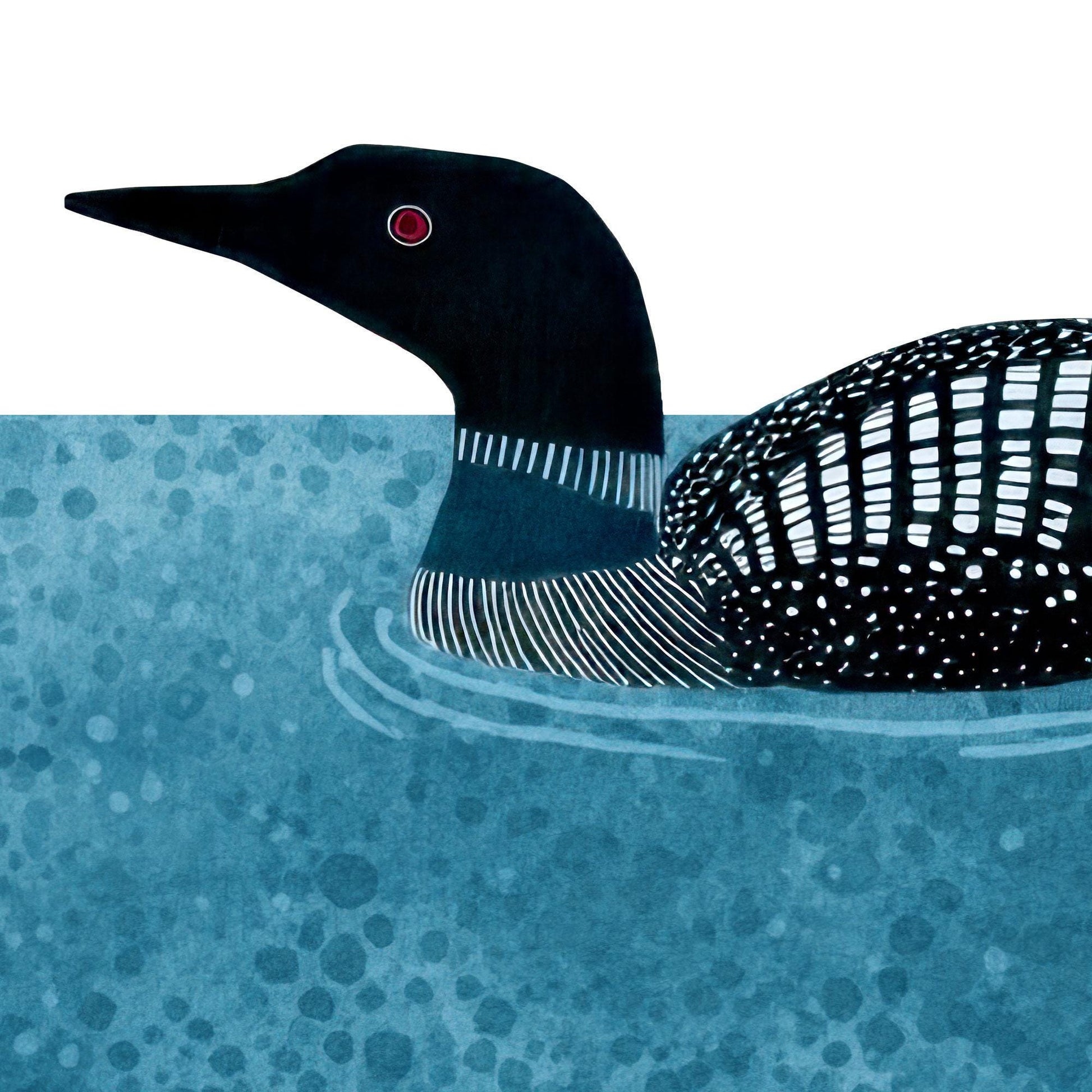 Close-up illustration of a loon swimming in blue textured water, showing its sleek black head, red eye, striped neck, and patterned black-and-white feathers. The water has a mottled texture with soft ripples, set against a crisp white background.