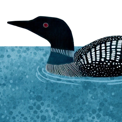 Close-up illustration of a loon swimming in blue textured water, showing its sleek black head, red eye, striped neck, and patterned black-and-white feathers. The water has a mottled texture with soft ripples, set against a crisp white background.