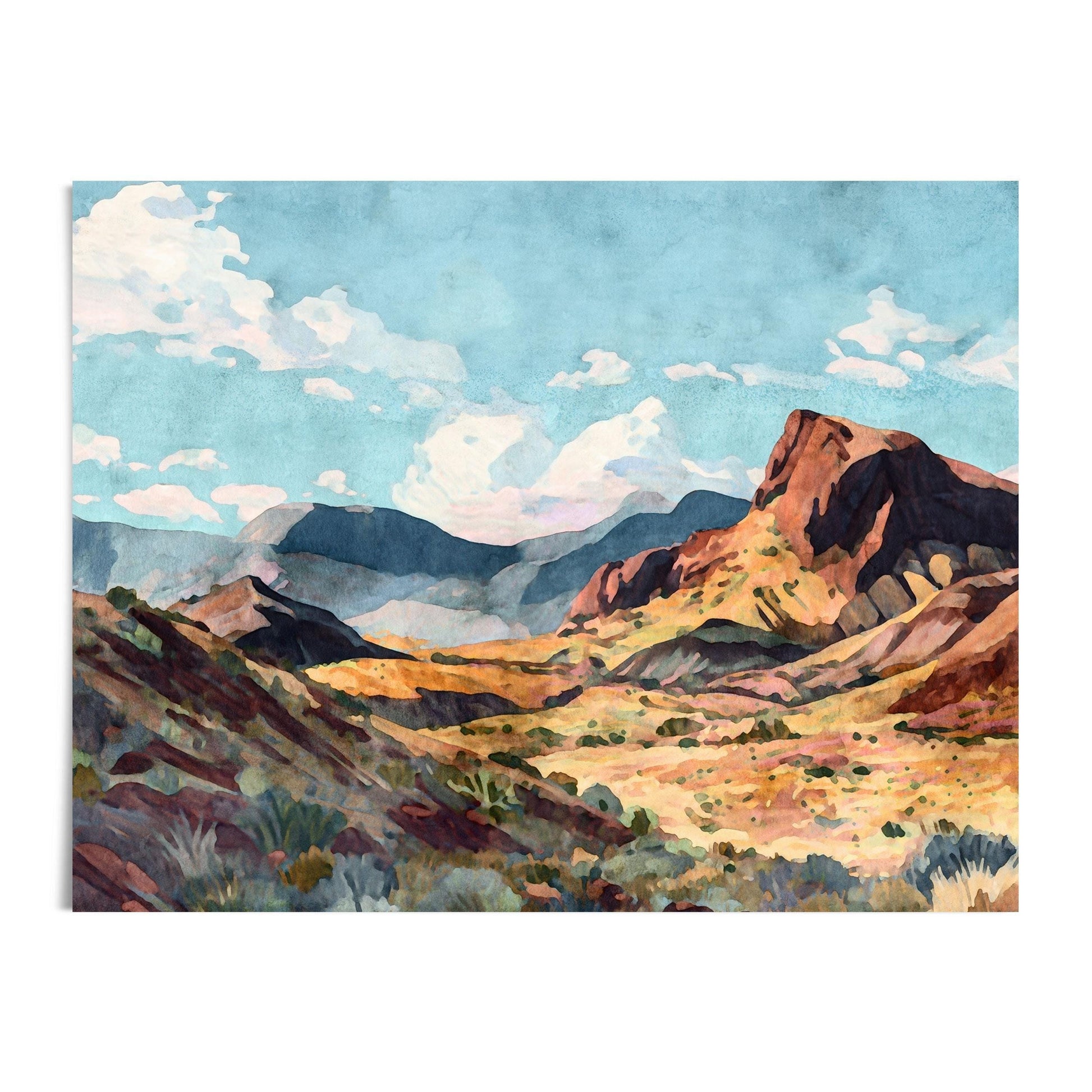 Watercolor-style painting of a sunlit desert canyon with rugged red rock cliffs, rolling hills, and distant blue mountains under a bright sky filled with fluffy white clouds.
