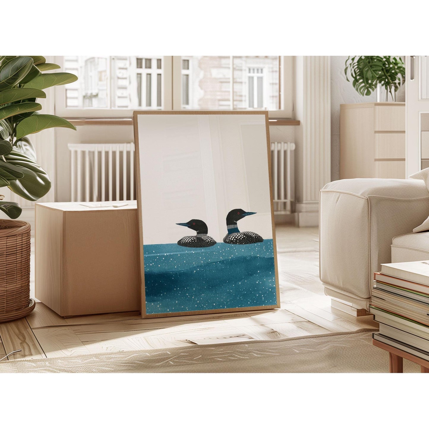 Framed artwork of two loons with black-and-white patterned feathers and red eyes floating in speckled blue water, leaning against the wall in a bright living room. The scene includes a beige sofa, stacked books, a cardboard box, and potted plants, with large windows letting in natural light.