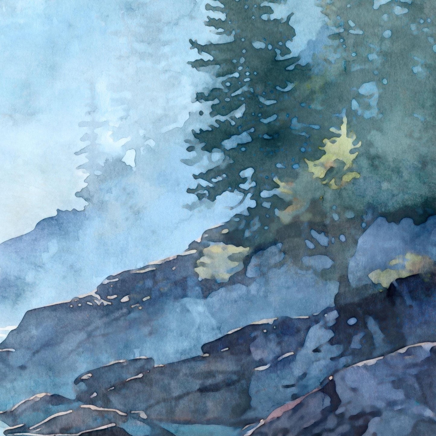 Close-up detail of a watercolor-style landscape painting showing layered blue and gray rocks along a lakeshore with evergreen tree silhouettes emerging through soft morning mist. Fluid brushstrokes, translucent washes, and textured paper grain highlight reflections in calm water, creating a tranquil, atmospheric nature scene in cool blue and green tones.