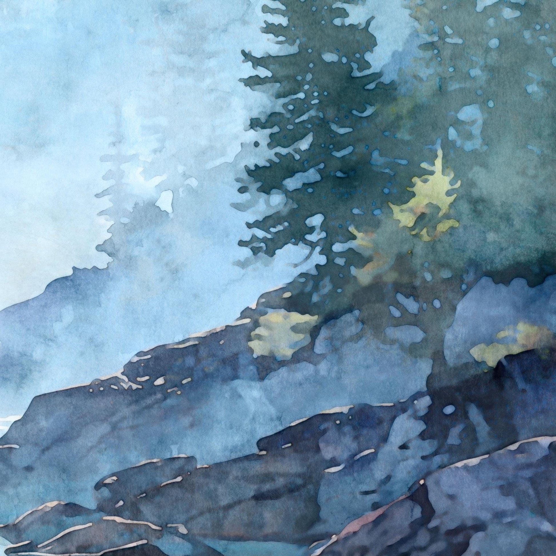 Close-up detail of a watercolor-style landscape painting showing layered blue and gray rocks along a lakeshore with evergreen tree silhouettes emerging through soft morning mist. Fluid brushstrokes, translucent washes, and textured paper grain highlight reflections in calm water, creating a tranquil, atmospheric nature scene in cool blue and green tones.
