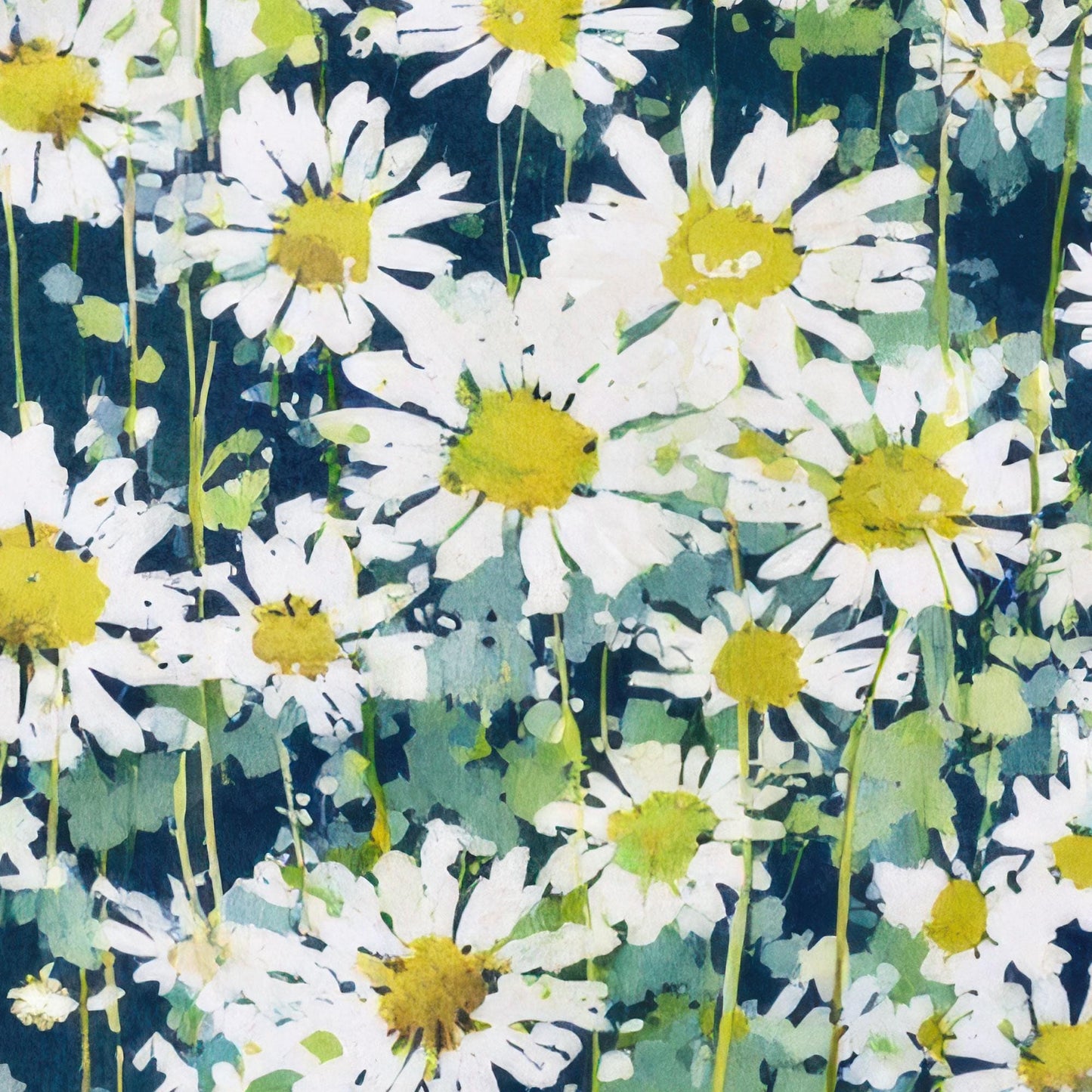 Close-up of a watercolor painting featuring white daisies with yellow-green centers on a deep teal background, rendered with loose brushstrokes and layered splashes of green and blue for a soft, painterly texture.