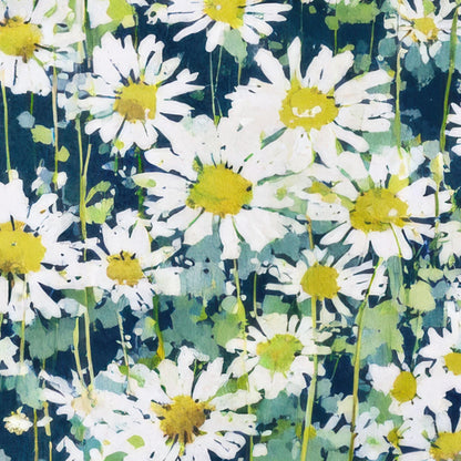 Close-up of a watercolor painting featuring white daisies with yellow-green centers on a deep teal background, rendered with loose brushstrokes and layered splashes of green and blue for a soft, painterly texture.