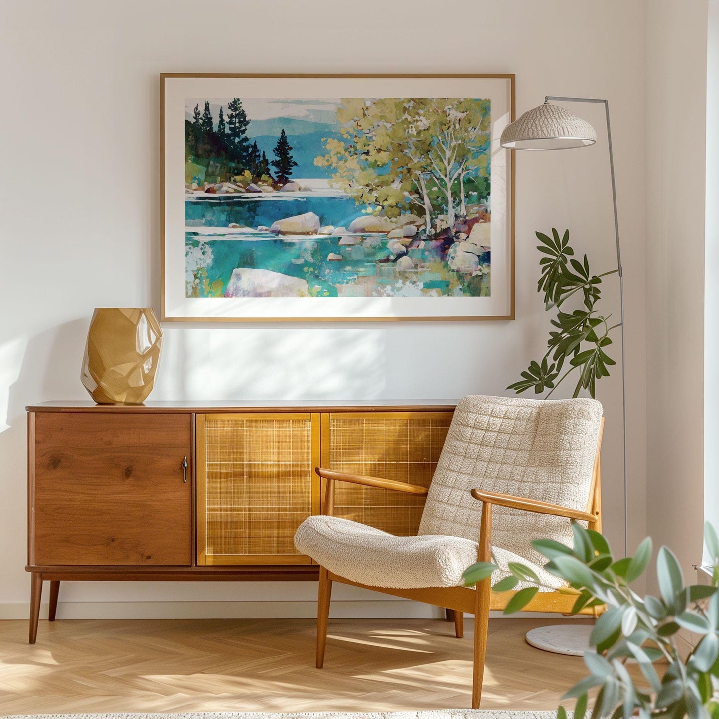 Framed landscape painting of a lake with turquoise water, rocks, pines, and leafy trees hangs above a mid-century modern sideboard in a bright living room. A textured beige armchair, geometric vase, tall floor lamp, and leafy plant complete the cozy, stylish space with natural light streaming in.