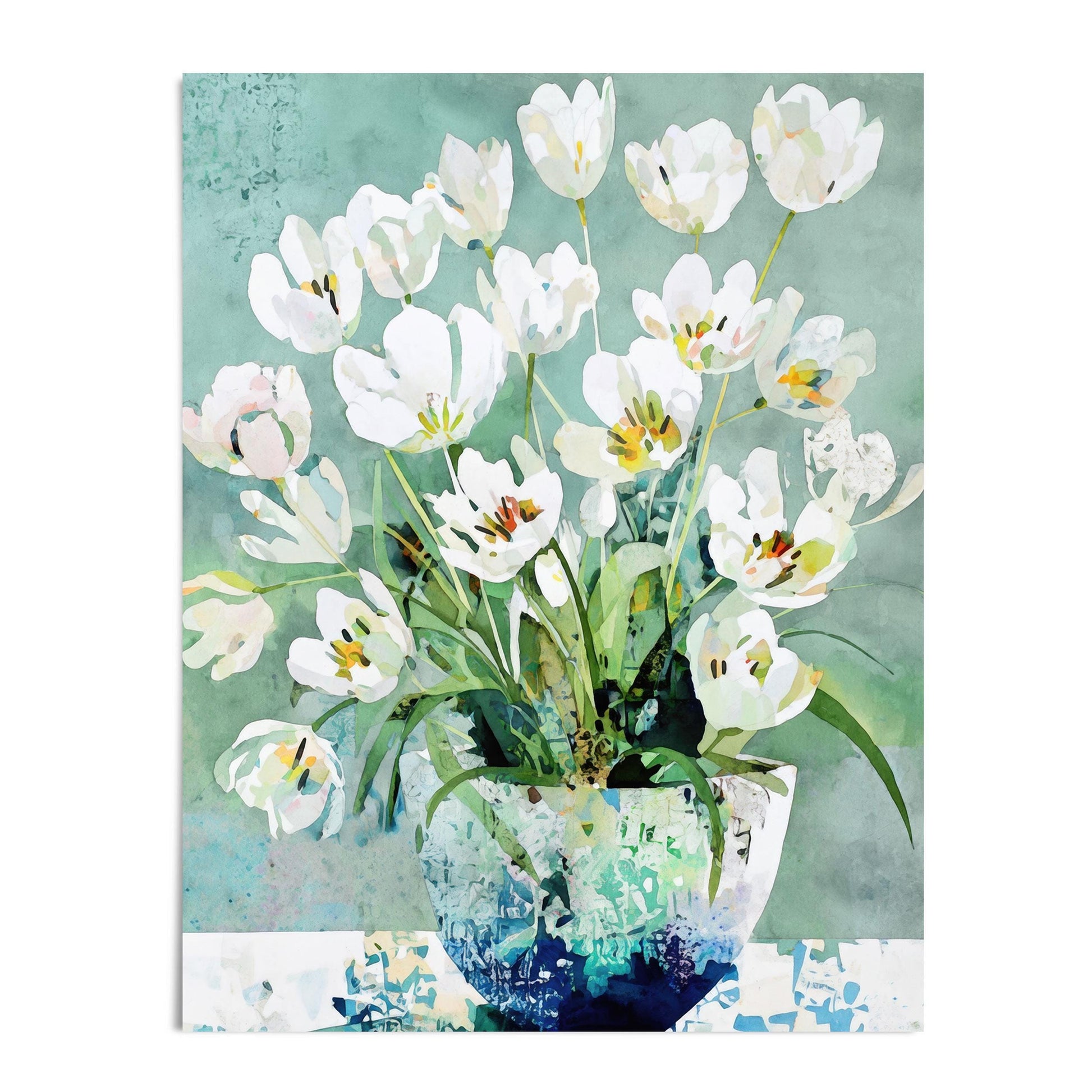 Watercolor-style painting of white tulips arranged in a textured blue-green vase against a soft teal background. The petals feature delicate hints of yellow and pink, with layered translucent brushwork creating a fresh, modern floral composition.