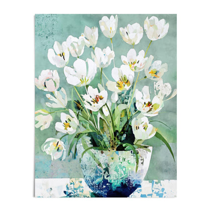 Watercolor-style painting of white tulips arranged in a textured blue-green vase against a soft teal background. The petals feature delicate hints of yellow and pink, with layered translucent brushwork creating a fresh, modern floral composition.