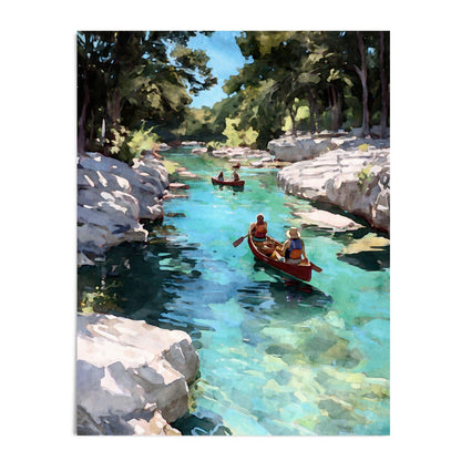 Watercolor-style painting of two people in a red canoe paddling through a turquoise river lined with rocky white cliffs and green trees, with another canoe further in the distance under a bright blue sky.