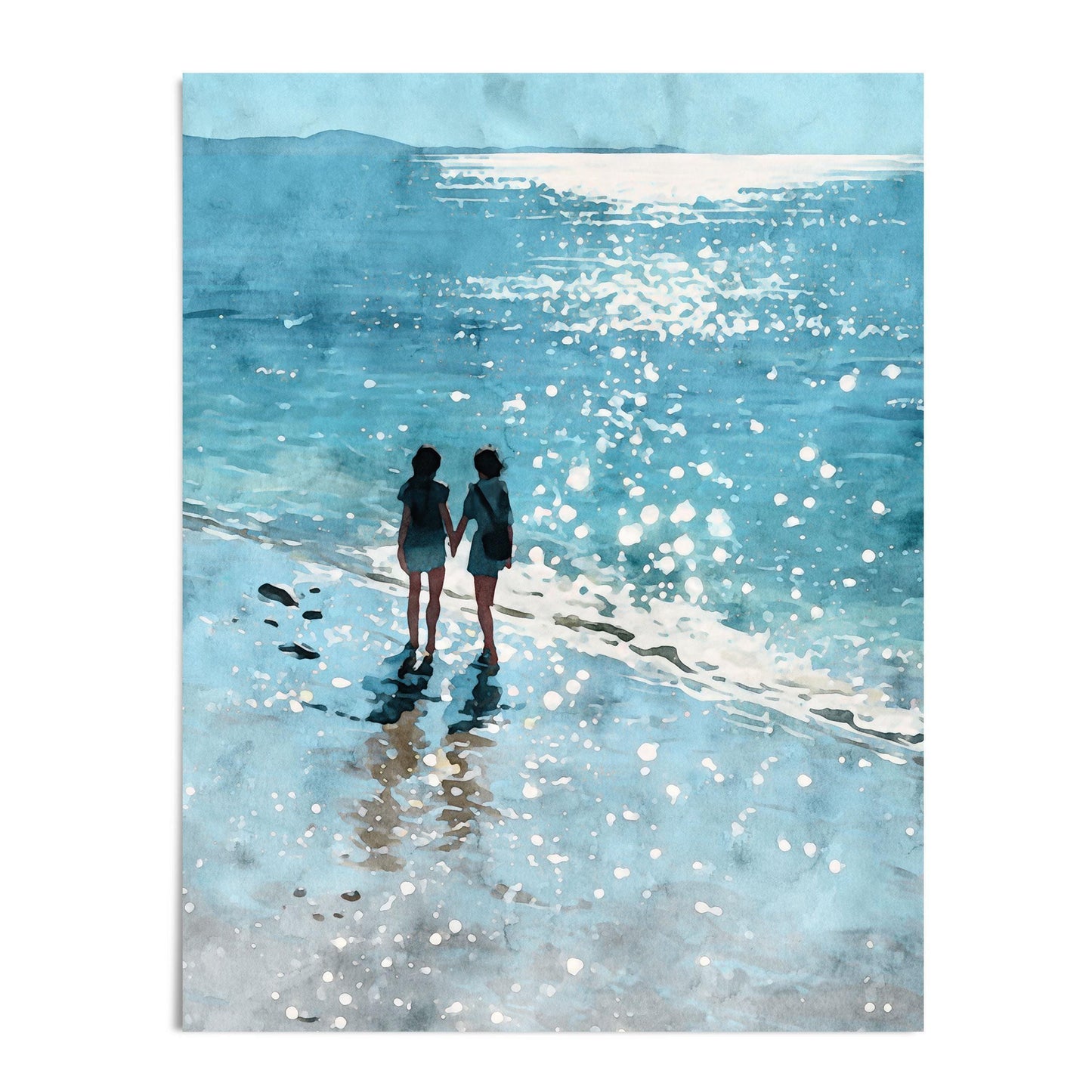 Watercolor-style art print of two women walking hand in hand along a sunlit shoreline, surrounded by shimmering waves and soft reflections in shades of blue. Set against a white background for a clean, modern presentation.