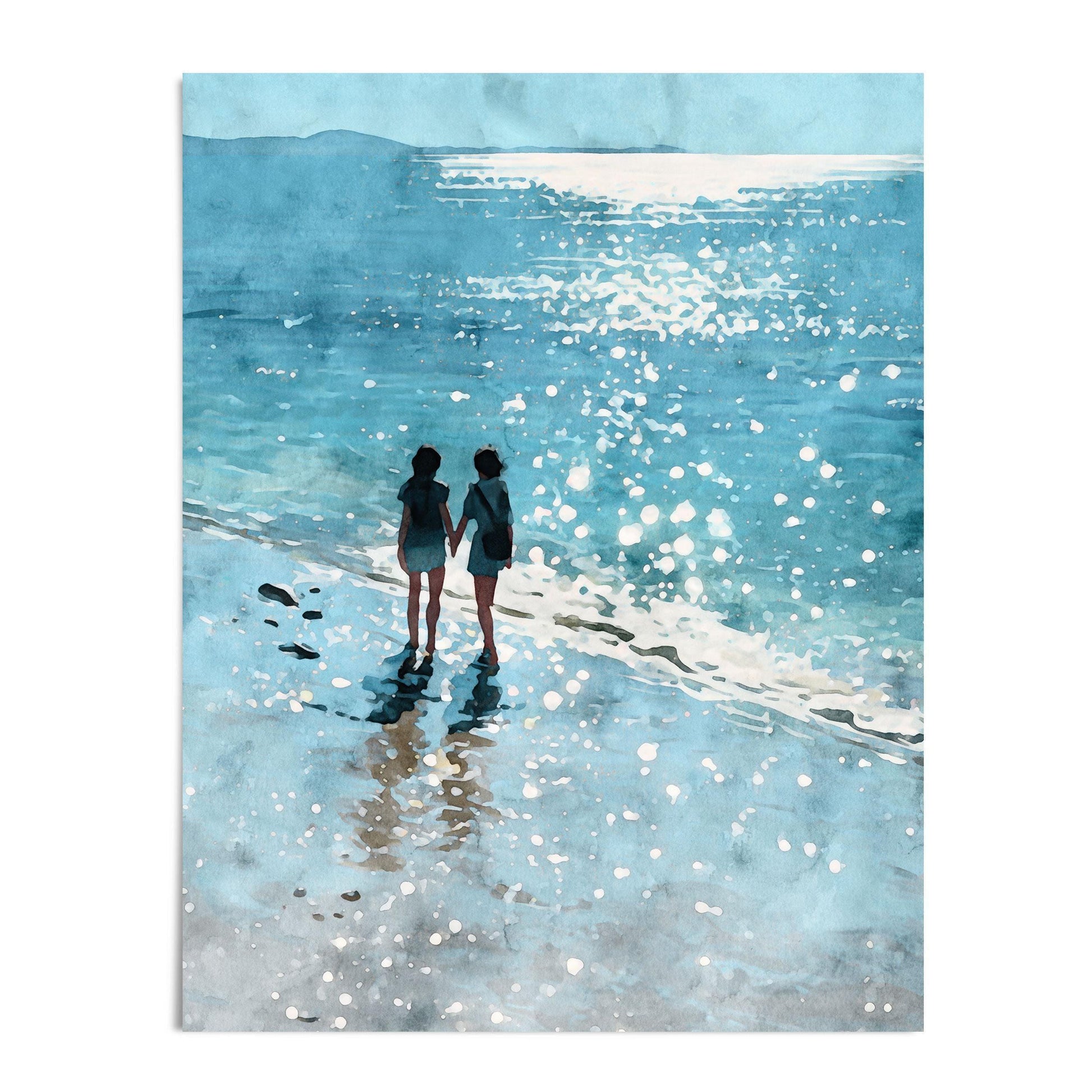 Watercolor-style art print of two women walking hand in hand along a sunlit shoreline, surrounded by shimmering waves and soft reflections in shades of blue. Set against a white background for a clean, modern presentation.