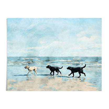 Watercolor-style painting of three Labrador dogs, one yellow and two black, walking along a sandy shoreline with gentle ocean waves and a bright blue sky above.