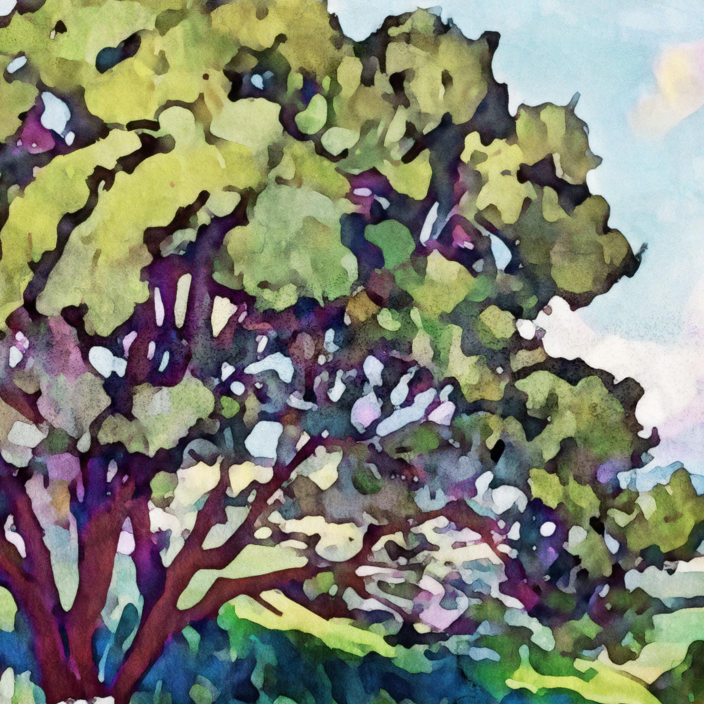 Watercolor painting close-up of a large tree with green and golden foliage, dark branches, and glimpses of a bright blue sky in the background.