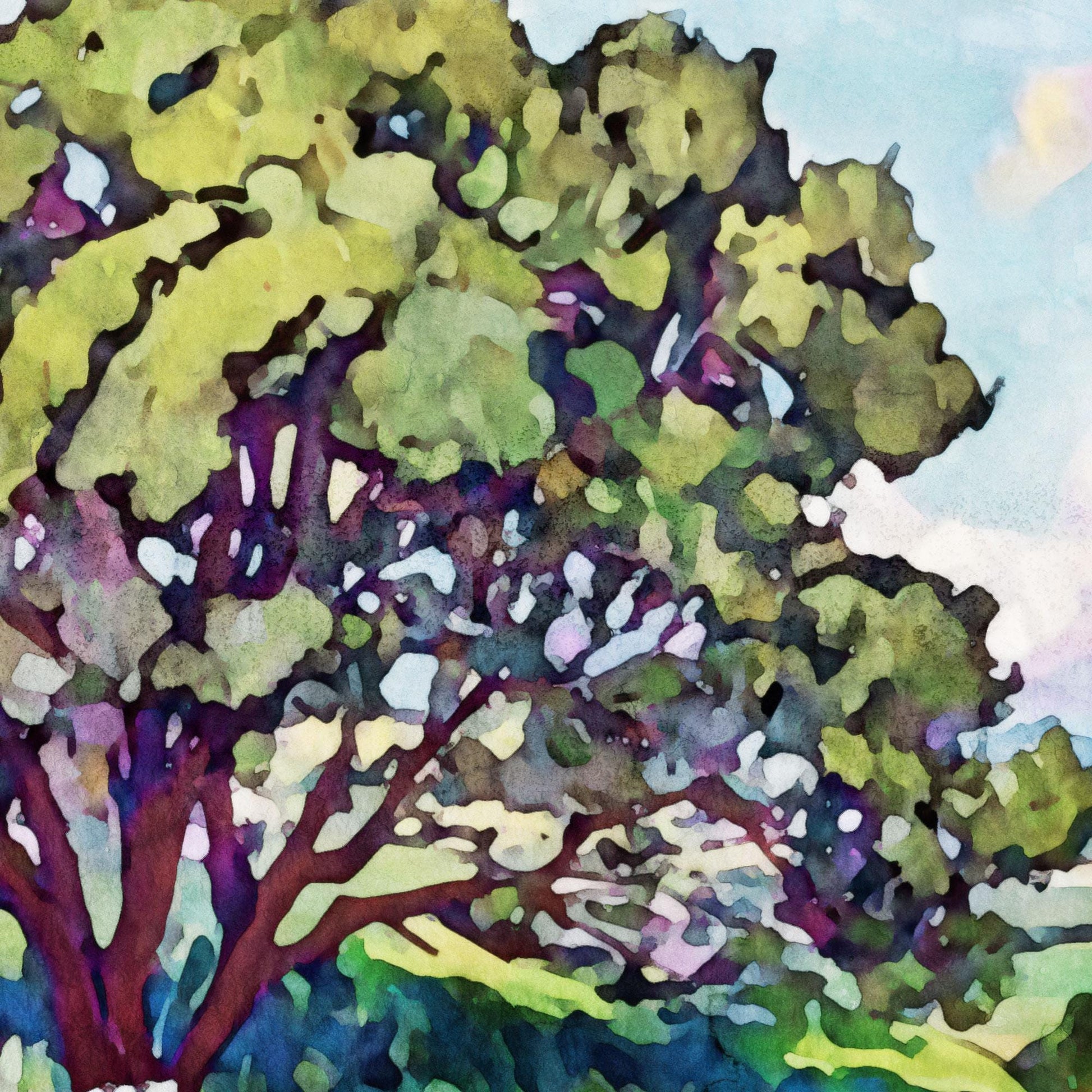 Watercolor painting close-up of a large tree with green and golden foliage, dark branches, and glimpses of a bright blue sky in the background.