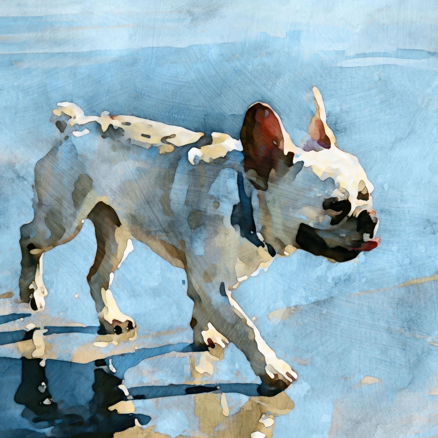 Close-up detail of a cream French Bulldog in digital watercolor with upright ears, beach reflections, and soft blue tones.