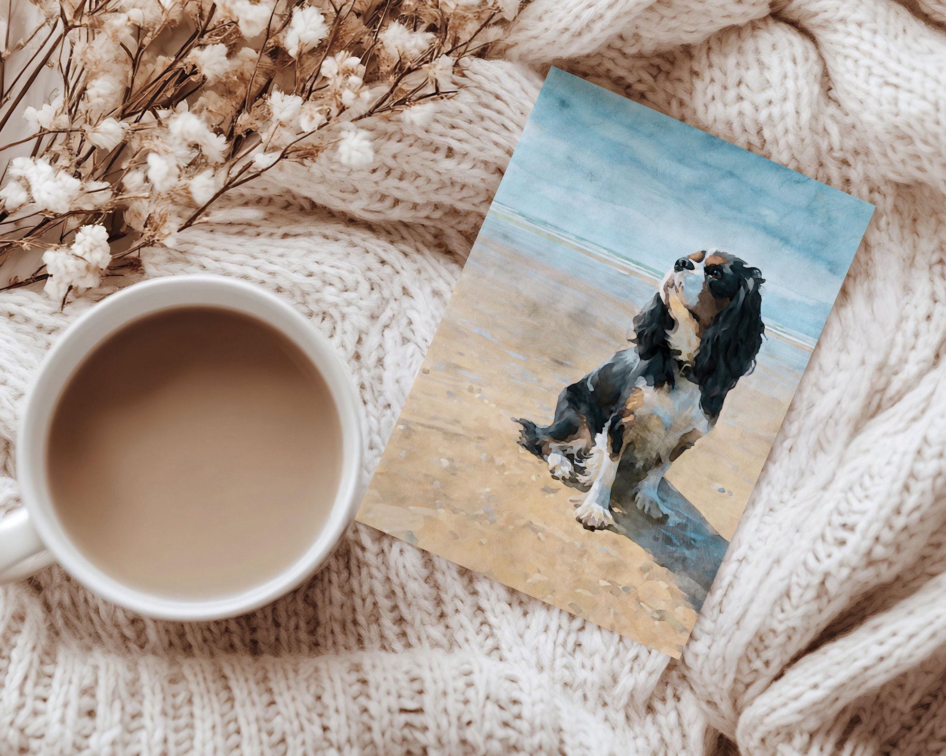 Tricolor Cavalier King Charles Spaniel Beach Watercolor Note Card