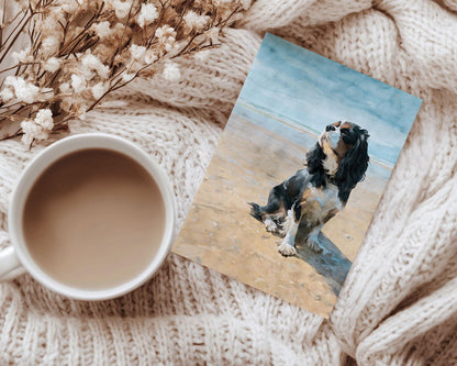 Tricolor Cavalier King Charles Spaniel Beach Watercolor Note Card