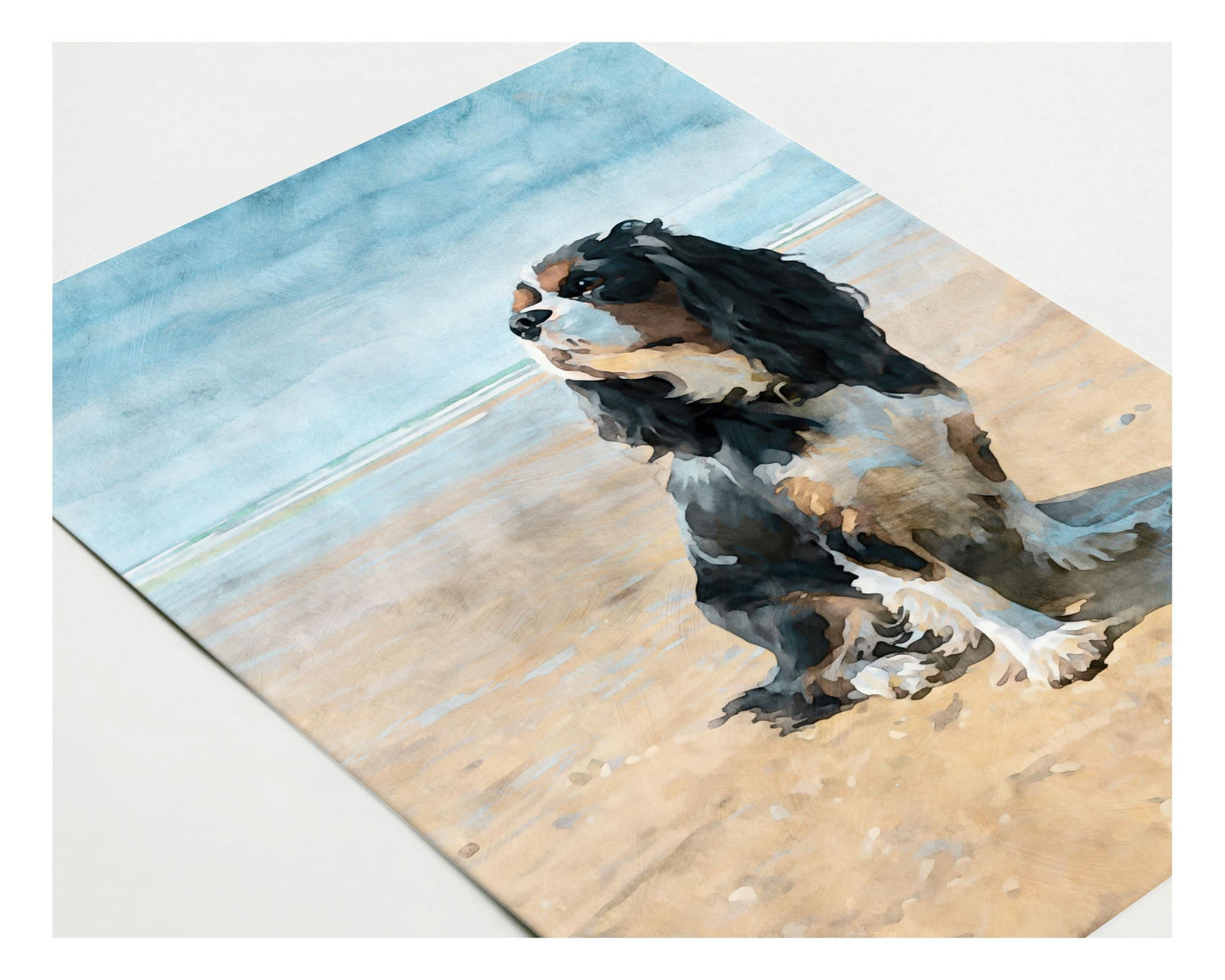 Tricolor Cavalier King Charles Spaniel Beach Watercolor Note Card