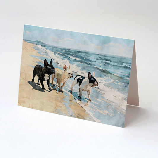 Three French Bulldogs Beach Note Card