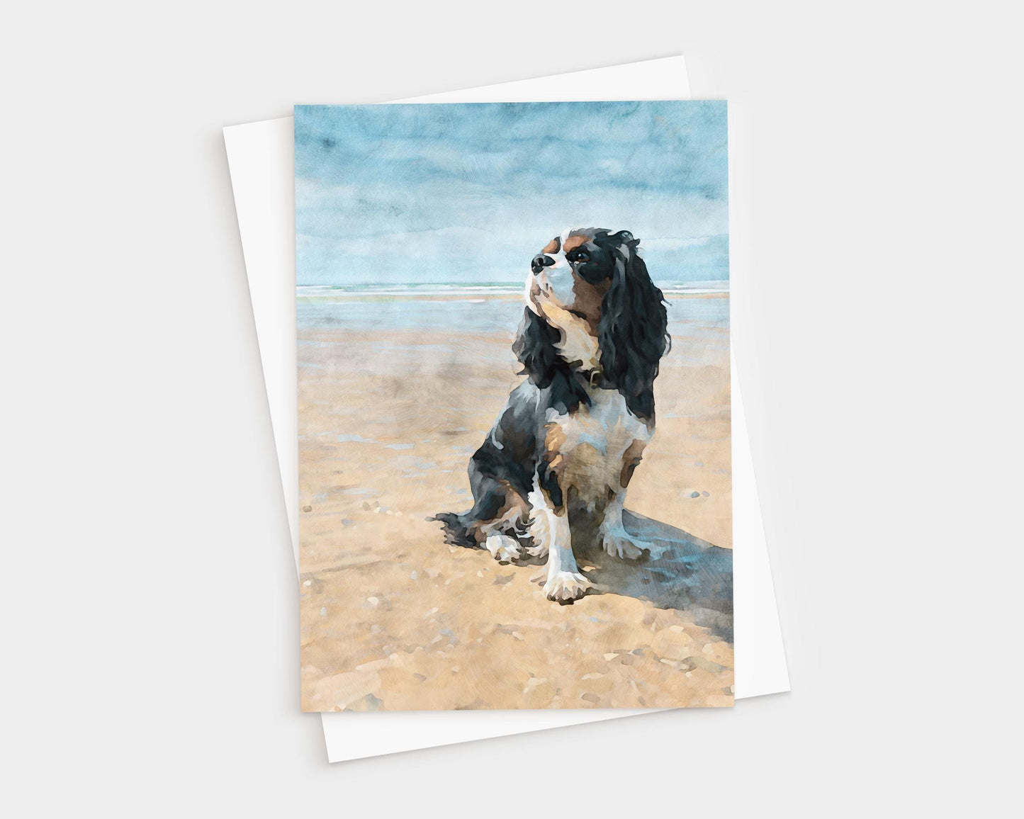 Tricolor Cavalier King Charles Spaniel Beach Watercolor Note Card