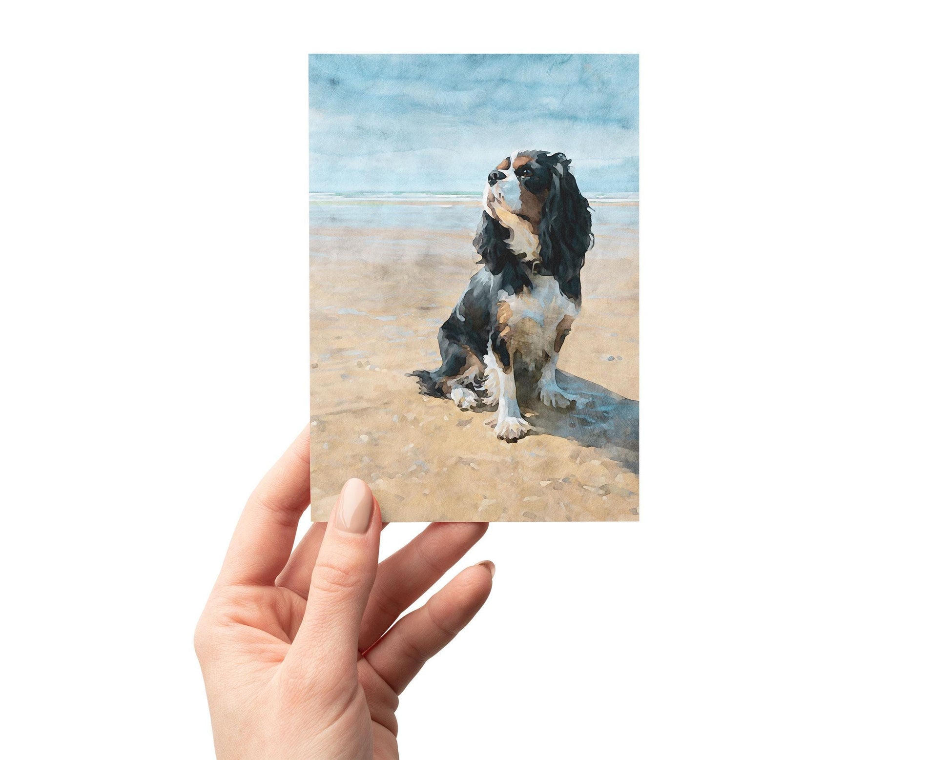 Tricolor Cavalier King Charles Spaniel Beach Watercolor Note Card