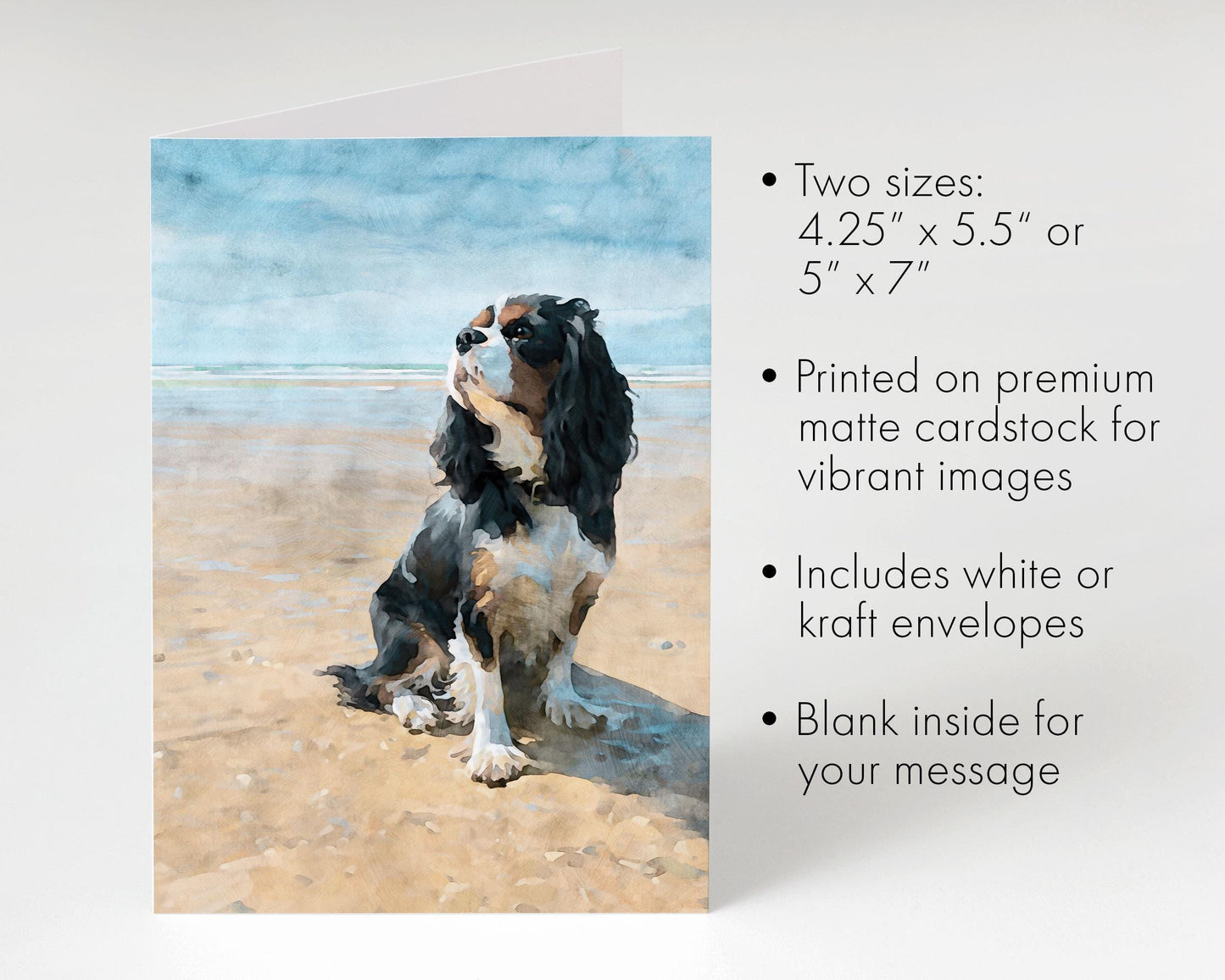 Tricolor Cavalier King Charles Spaniel Beach Watercolor Note Card