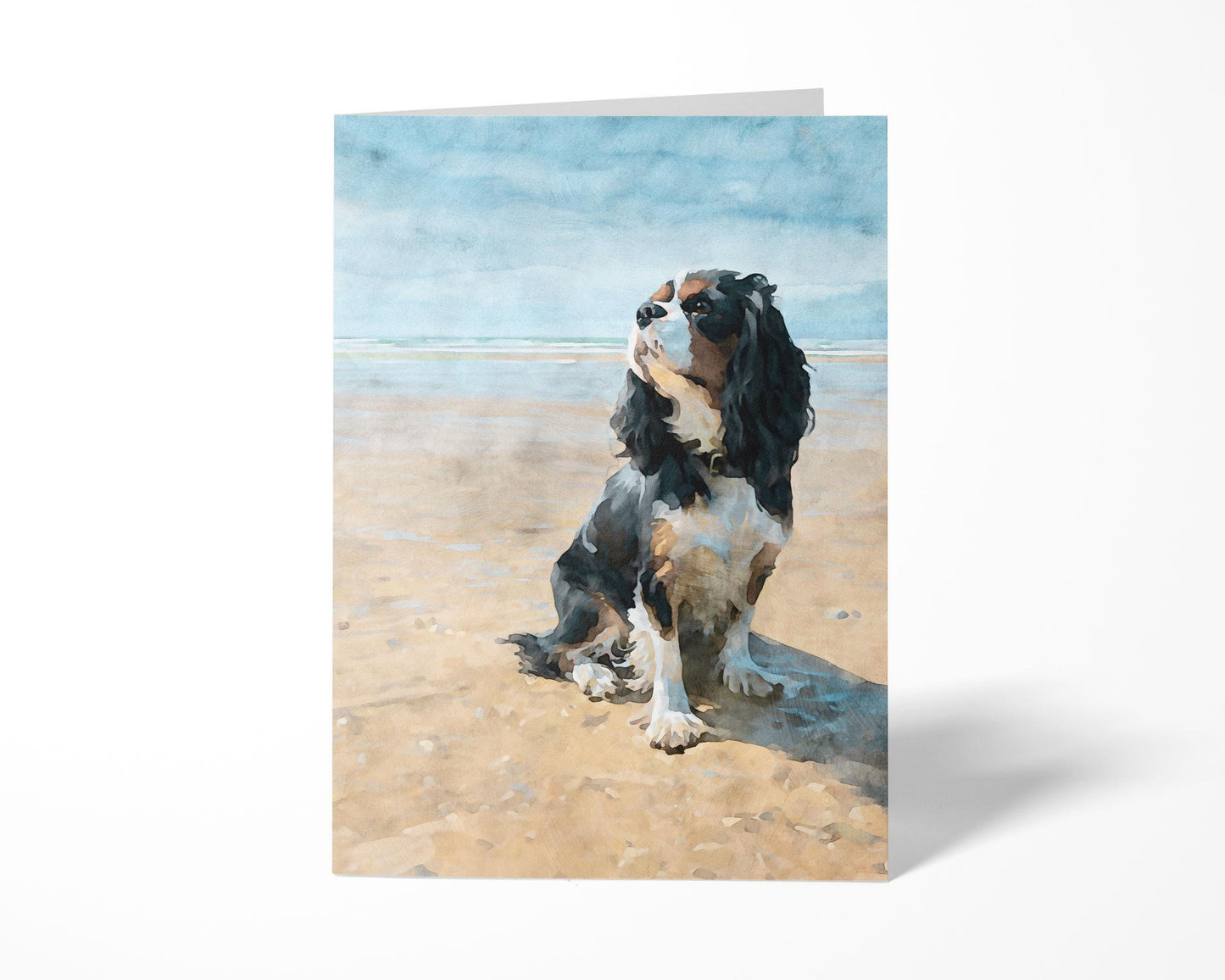 Tricolor Cavalier King Charles Spaniel Beach Watercolor Note Card